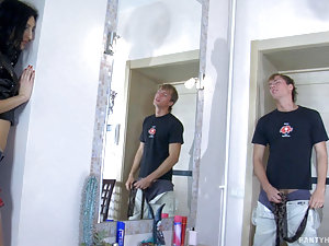 Sweltering chick taking on her sheer-to-waist pantyhose after hot shower