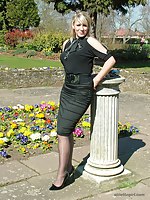Gorgeous blonde Demi prerequisites some sun out and about, wearing a pretty moonless blouse and skirt, with matching tall stilettos